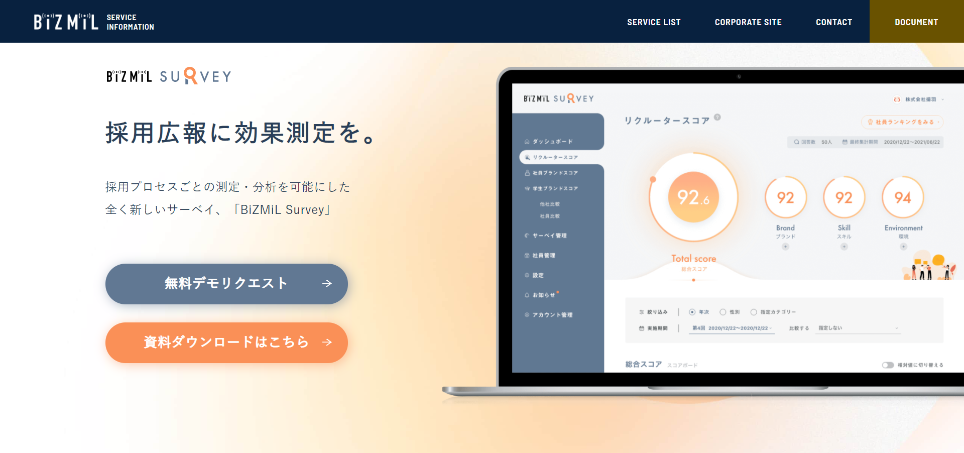 【ニュースリリース】「BiZMiL SURVEY」に2022卒学生の290社への「採用ブランド評価」と自社の採用ブランド力を比較できる新機能をリリース